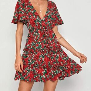 SHEIN Plunging Neck Flutter Sleeve Floral Print Frill Trim Dress